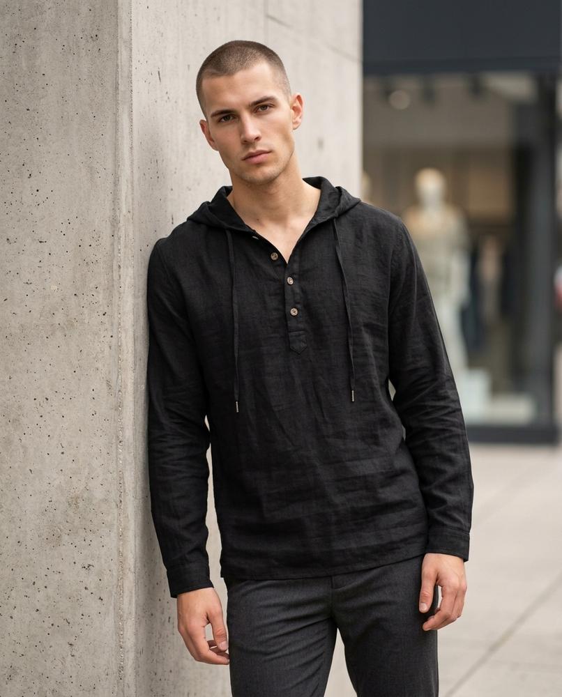 Zumieze - Yotak | Linen Button-Placket Hoodie Men