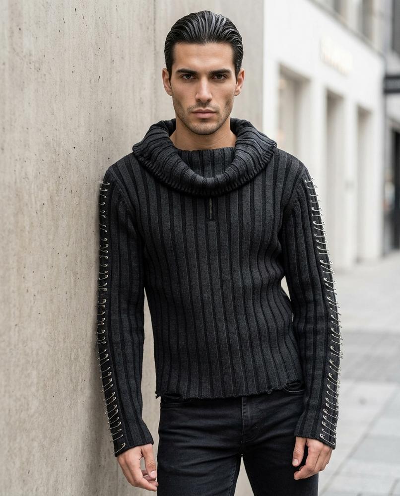 Zumieze - Rivan | Rib-Knit Pin-Embellished Sweater Men
