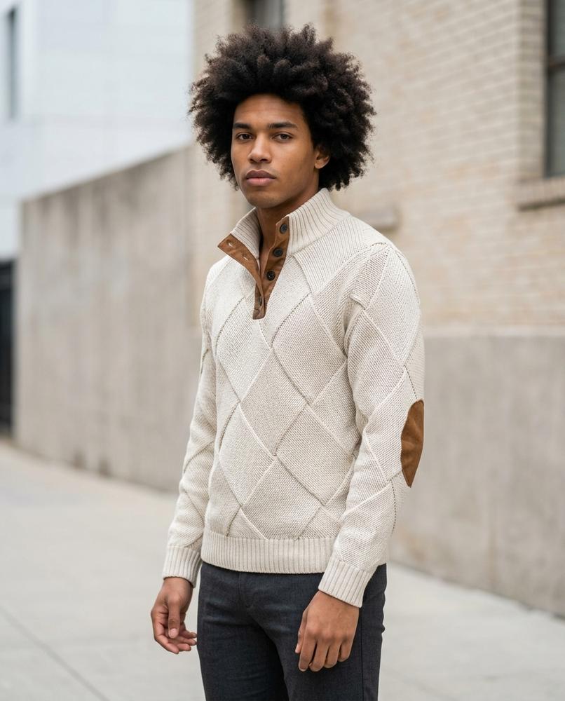 Zumieze - Novan | Diamond-Knit Button-Placket Sweater Men