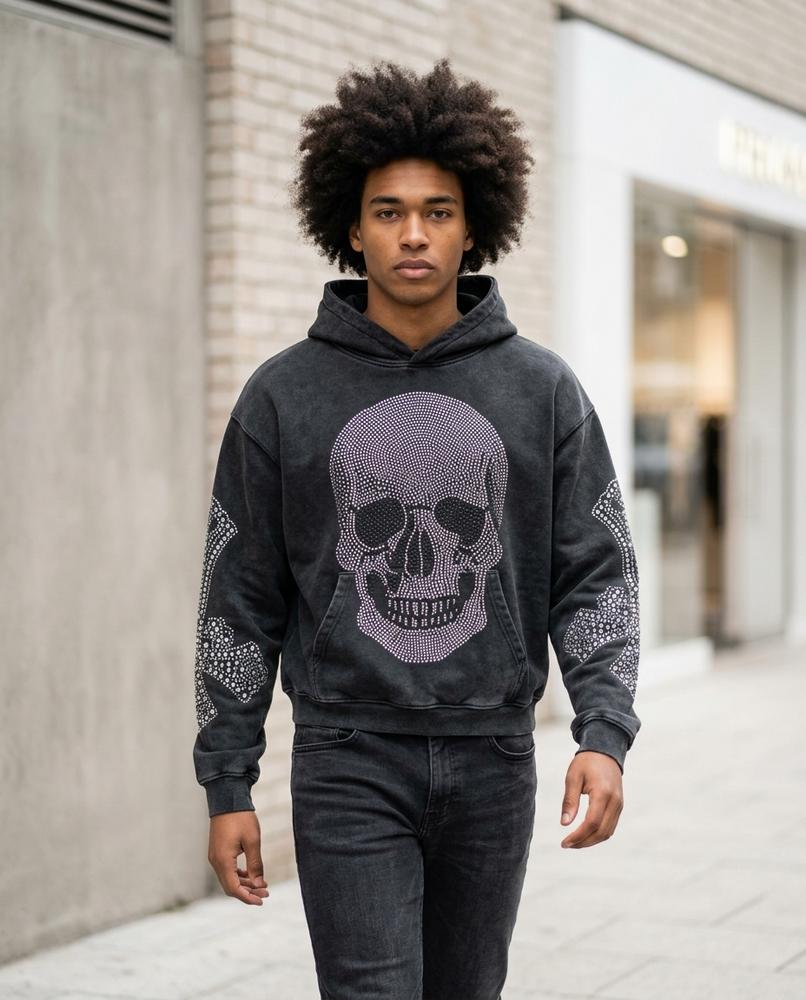 Zumieze - Damel | Rhinestone-Embellished Washed Hoodie Men