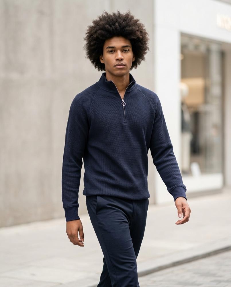 Zumieze - Niver | Waffle-Knit Quarter-Zip Sweater Men