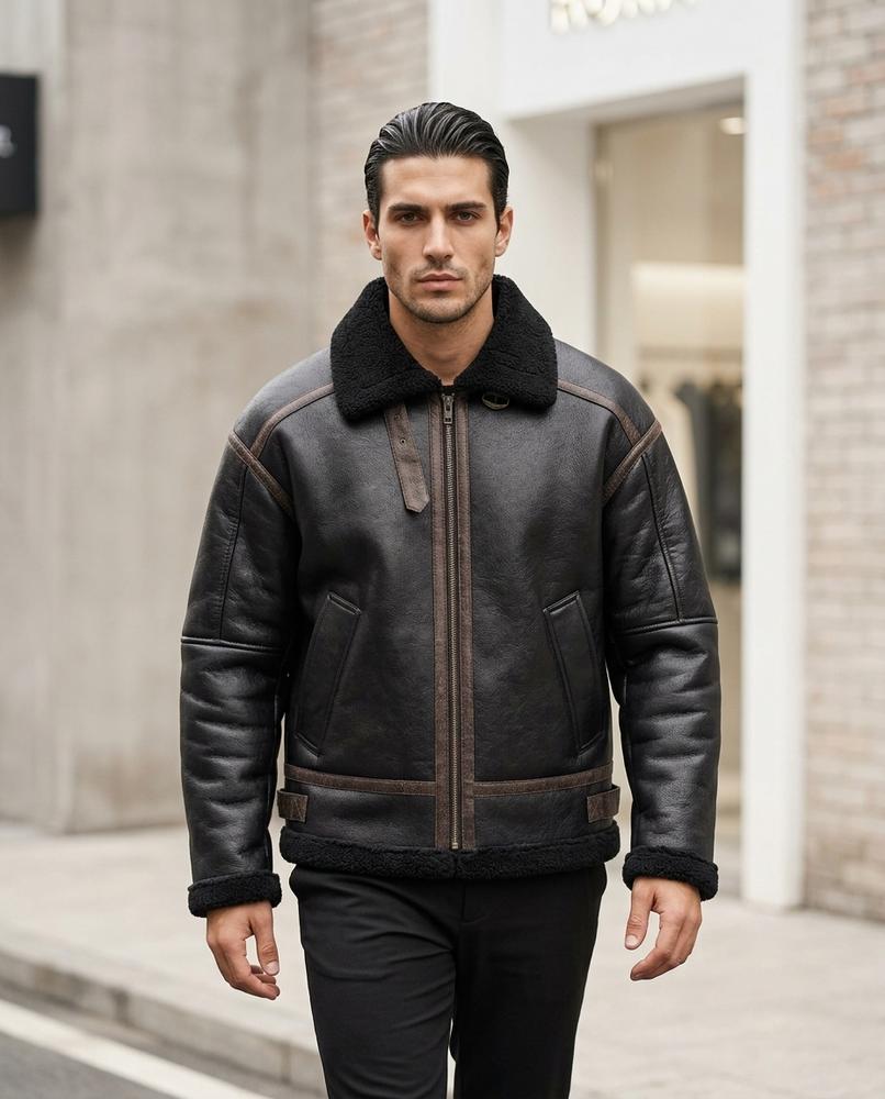 Zumieze - Niron | Shearling-Lined Zip-Up Leather Jacket Men