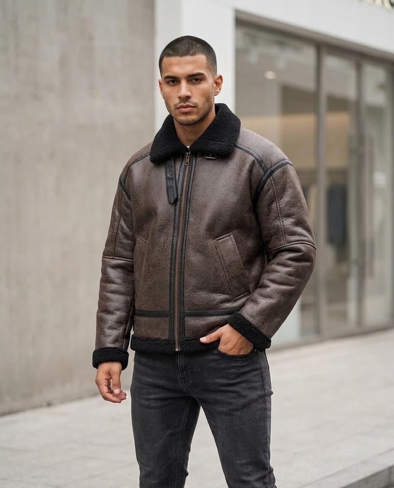 Zumieze - Niron | Shearling-Lined Zip-Up Leather Jacket Men