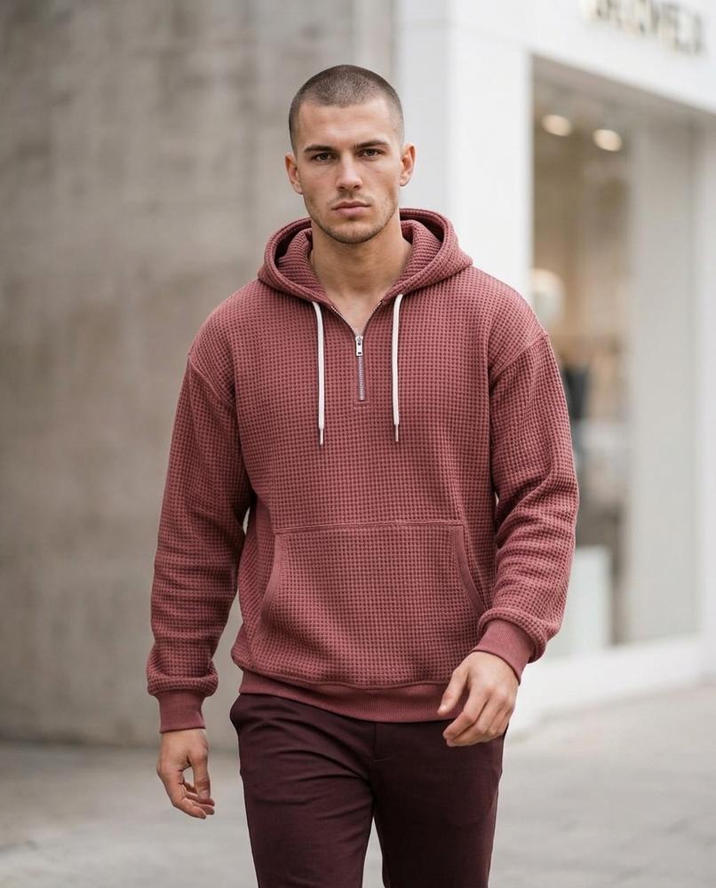 Zumieze - Lemel | Waffle-Knit Quarter-Zip Hoodie Men