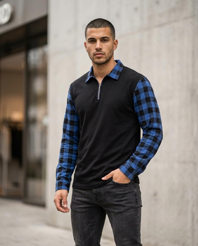 Zumieze - Zalor | Plaid-Sleeve Quarter-Zip Sweater Men