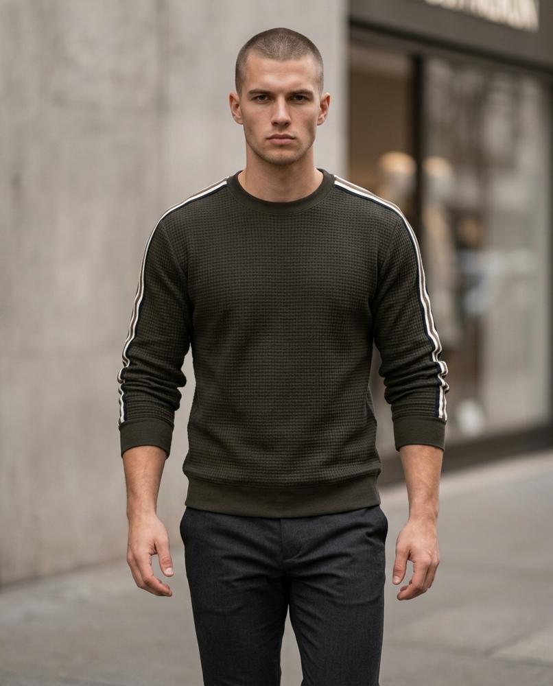Zumieze - Neven | Waffle-Knit Striped-Sleeve Sweater Men