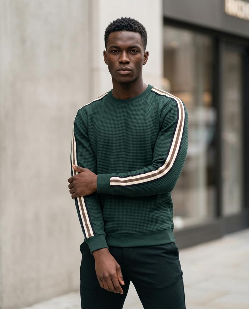 Zumieze - Neven | Waffle-Knit Striped-Sleeve Sweater Men