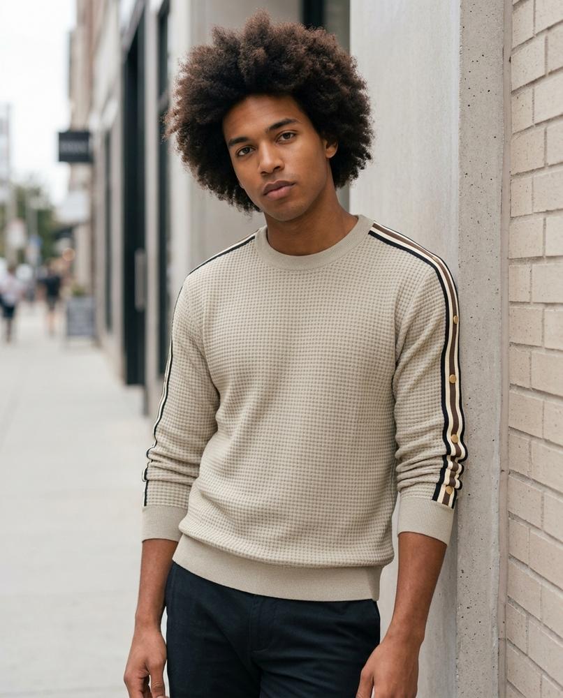 Zumieze - Neven | Waffle-Knit Striped-Sleeve Sweater Men