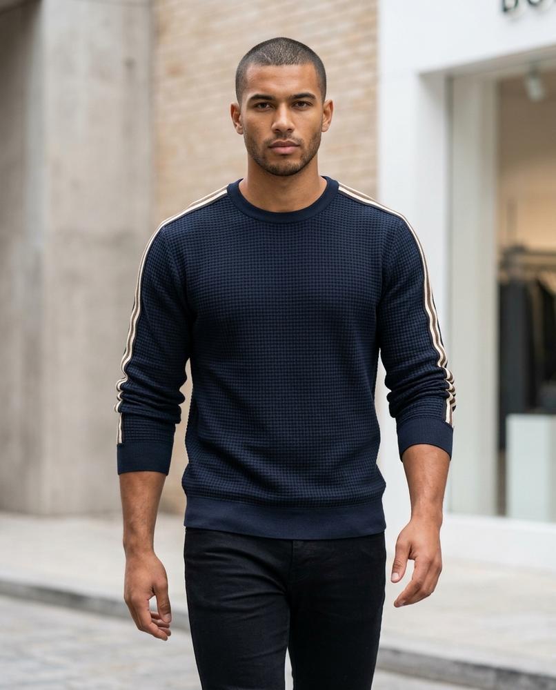 Zumieze - Neven | Waffle-Knit Striped-Sleeve Sweater Men
