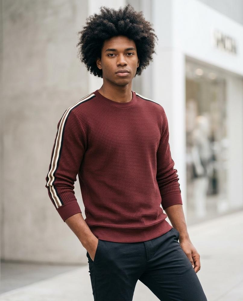 Zumieze - Neven | Waffle-Knit Striped-Sleeve Sweater Men