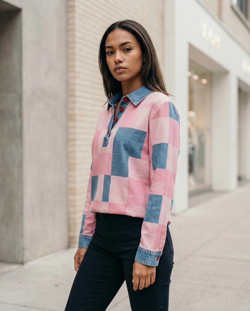 Zumieze - Vivan | Color-Block Denim-Trim Shirt Women