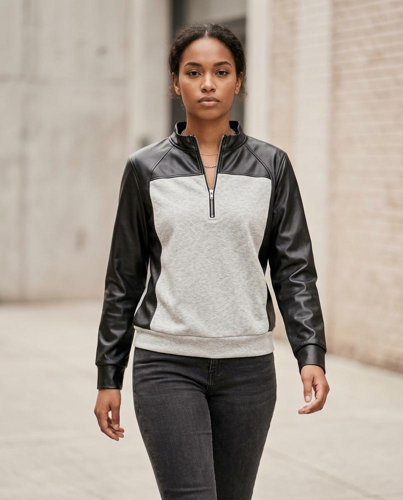 Zumieze - Elrev | Quarter-Zip Faux-Leather Sweatshirt Women