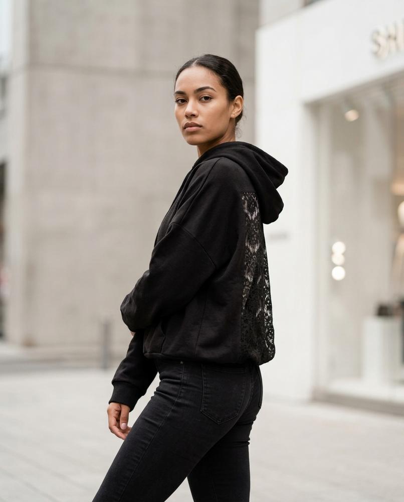 Zumieze - Zeken | Lace-Paneled Relaxed Fit Hoodie Women
