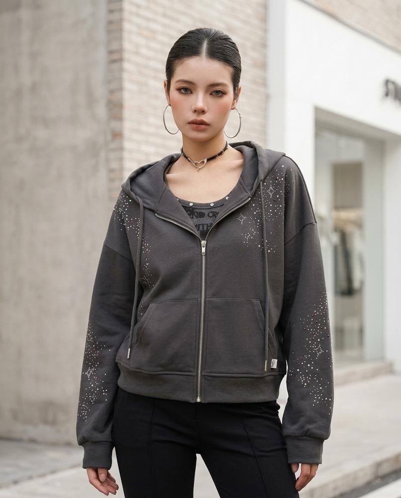 Zumieze - Taken | Zip-Up Rhinestone-Embellished Hoodie Women