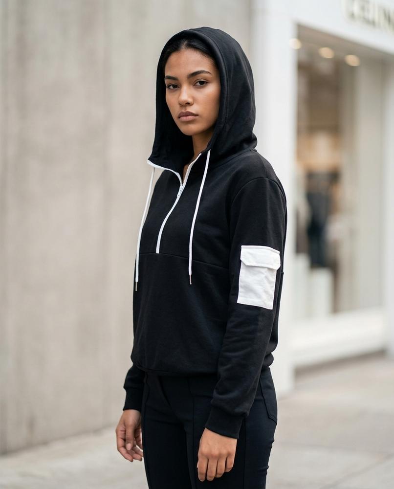 Zumieze - Veven | Quarter-Zip Contrast-Pocket Hoodie Women