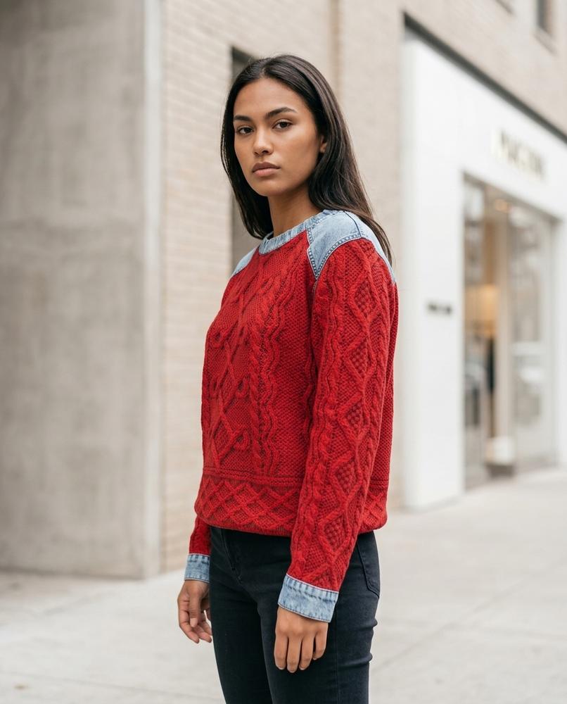 Zumieze - Arnav | Cable-Knit Denim-Paneled Sweater Women