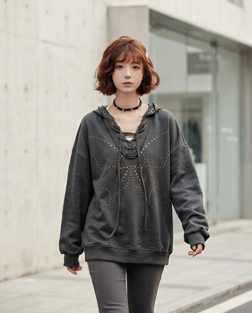 Zumieze - Lasan | Lace-Up Studded Hoodie Women