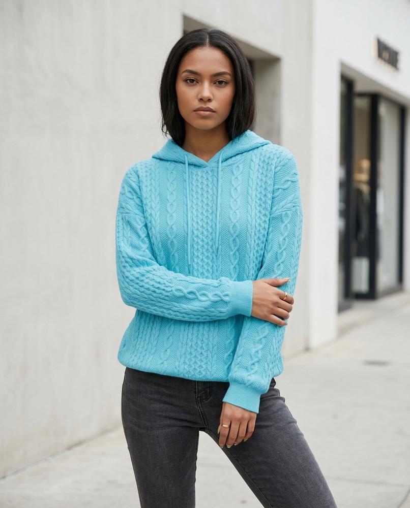 Zumieze - Tinav | Cable-Knit Light Blue Hoodie Women