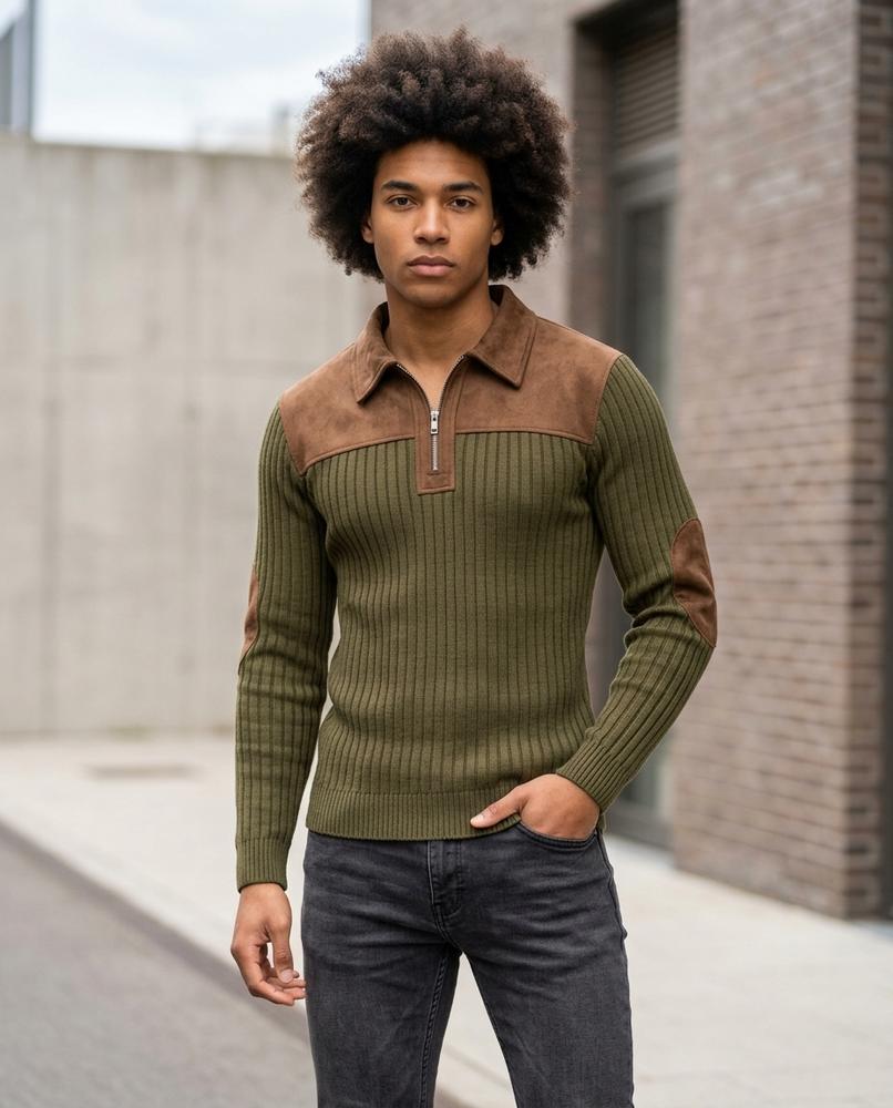 Zumieze - Ralan | Rib-Knit Suede-Paneled Sweater Men
