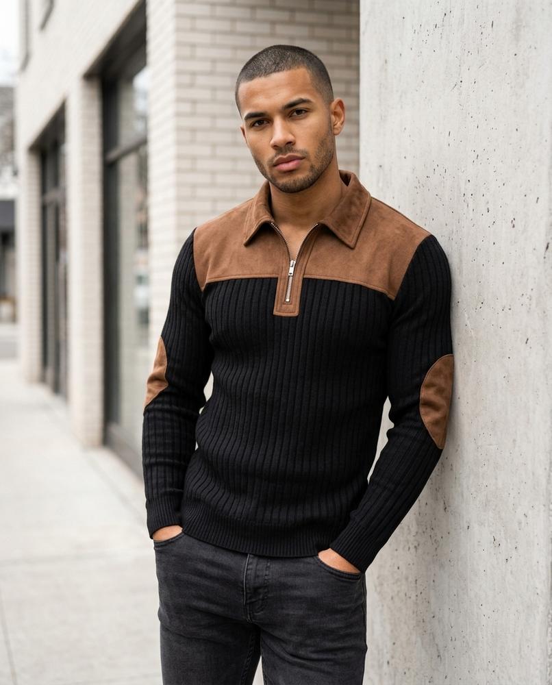 Zumieze - Ralan | Rib-Knit Suede-Paneled Sweater Men