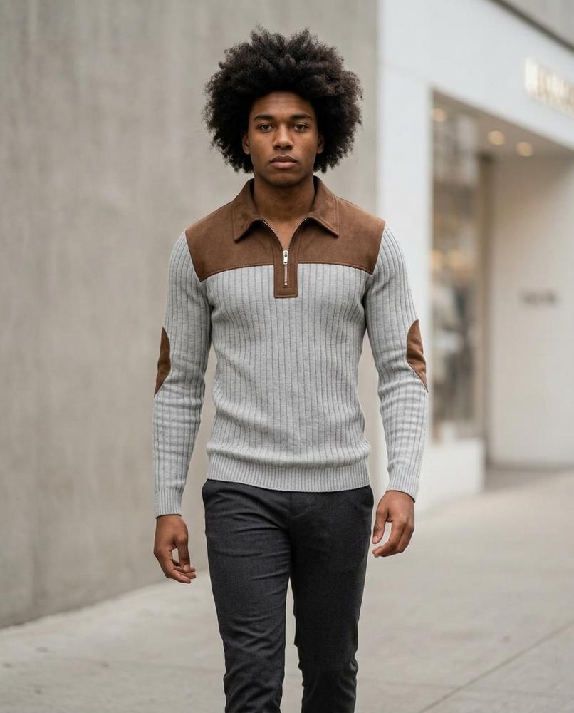 Zumieze - Ralan | Rib-Knit Suede-Paneled Sweater Men