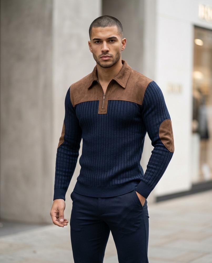 Zumieze - Ralan | Rib-Knit Suede-Paneled Sweater Men