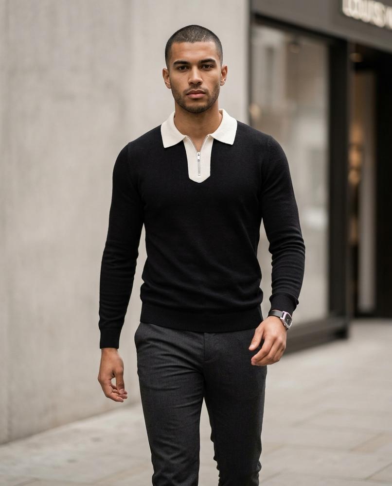 Zumieze - Risen | Zip-Neck Contrast-Collar Sweater Men